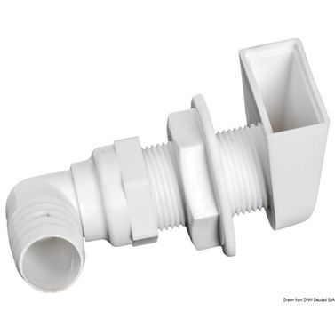 Valkoinen muovinen läpivienti 90° 1" x 25 mm