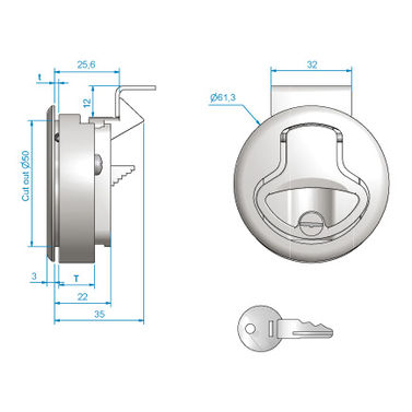 Slamlatch 50mm, 17-22mm med lås