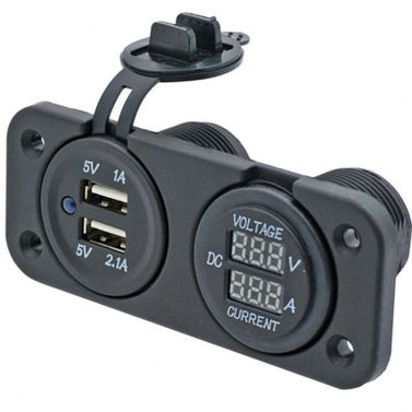 Dobbel USB-kontakt og volt/ampere-måler