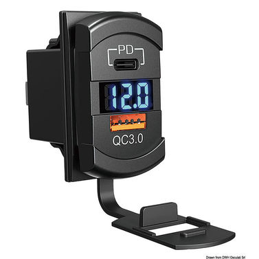 Kaksinkertainen USB-A+C-pistoke + 12/24 V volttimittari
