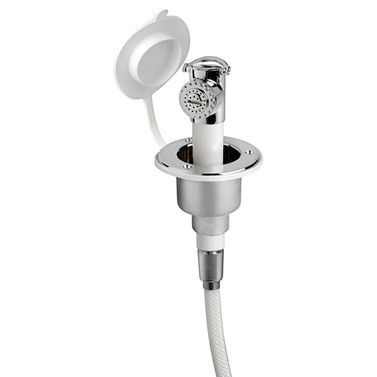 Dekksdusj med Mizar trykknappdusjhode, forkrommet finish, PVC-slange 2,5 m, planmontering