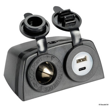 Cigarettænder + USB-A + USB-C-stikkontakt med hus