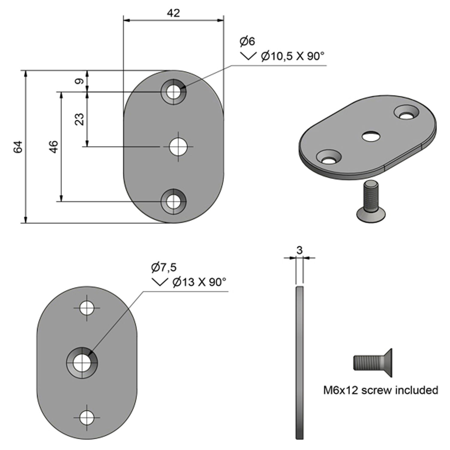 Roca oval skive med skruer for håndtak