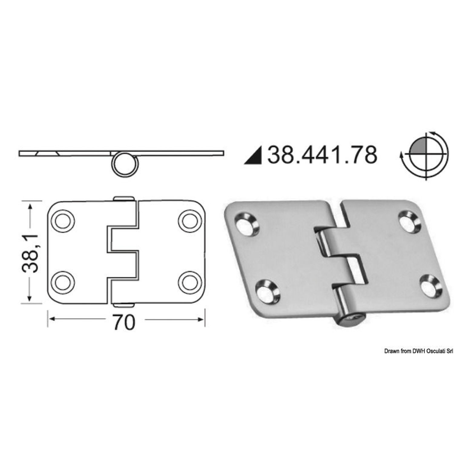 Hengsel med omvendt pinne 70 x 38,1 mm