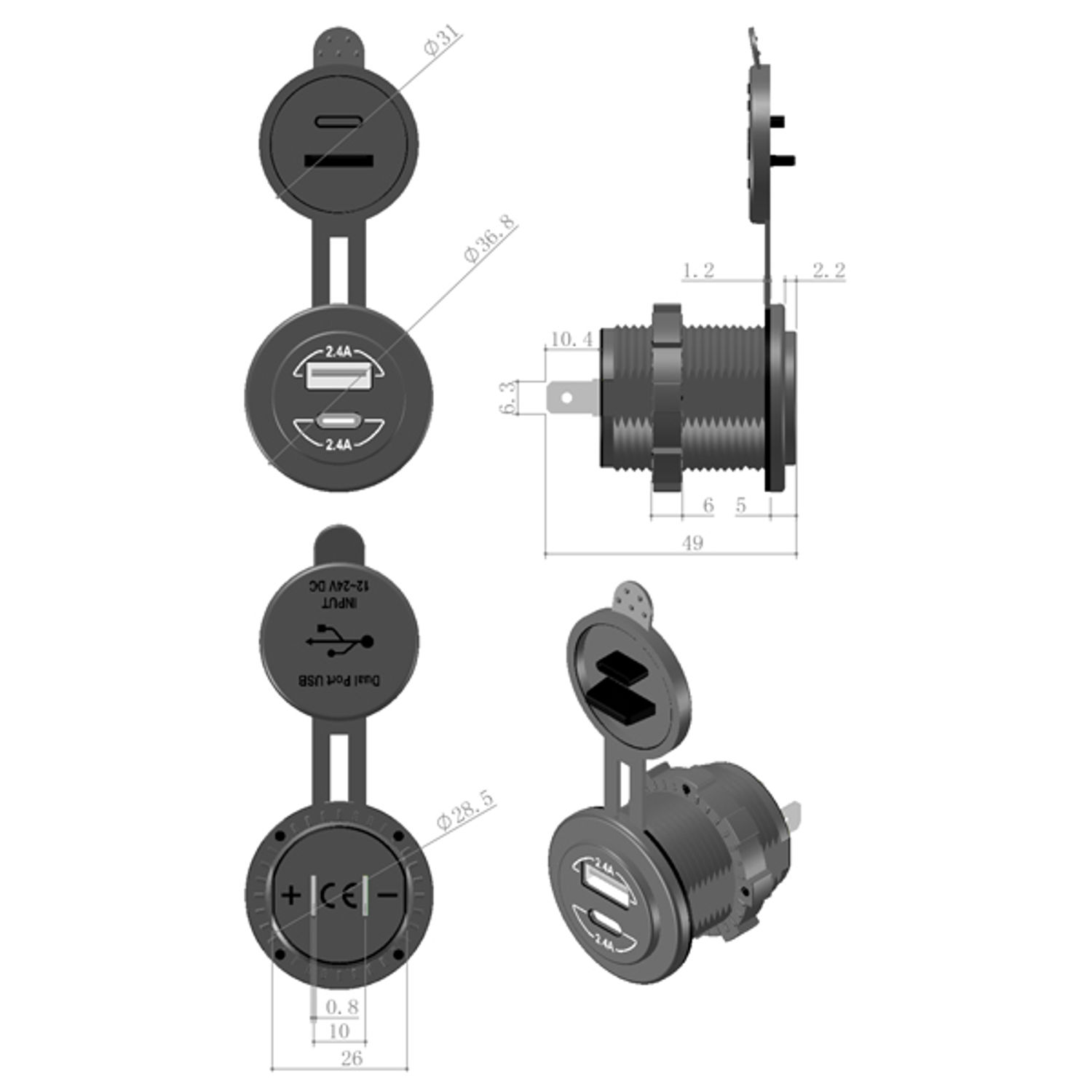 1852 innfelt USB-kontakt IP65 12/24V USB A & C