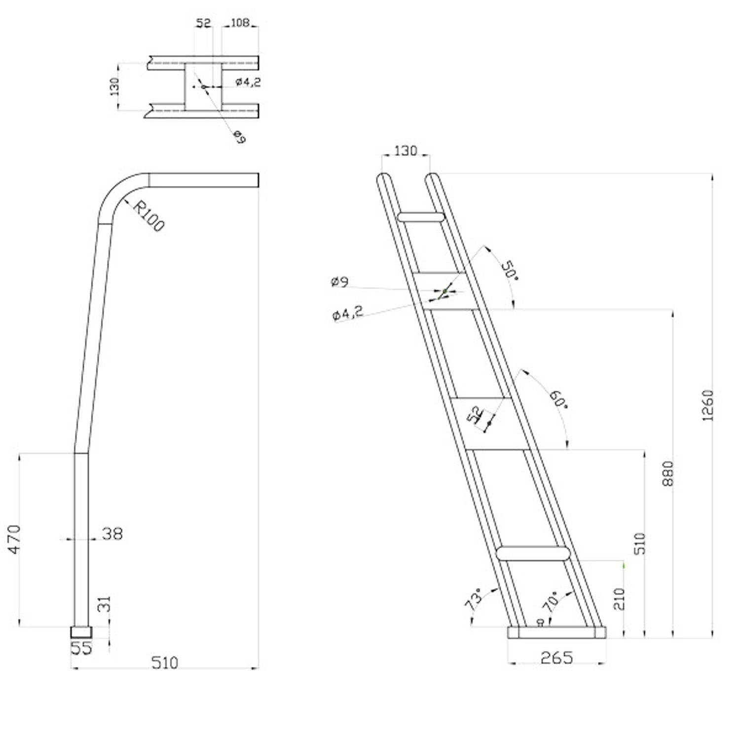 Targabøyle med 70° vinkel Ø40/32mm B:1,5-2,25m