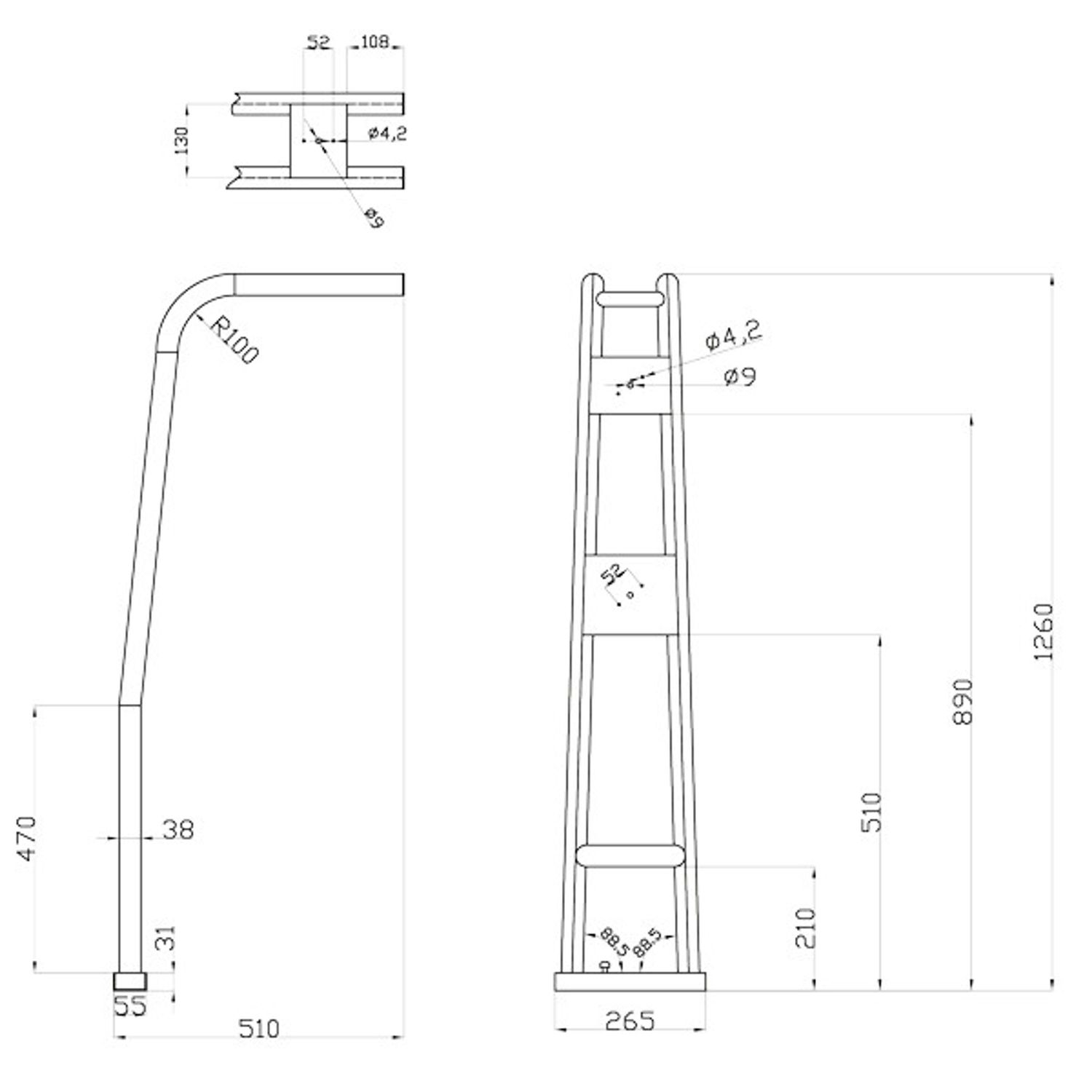 Targabøyle til Jolle 90° Vinkel Ø40/32 mm B:1,5-2,25 m