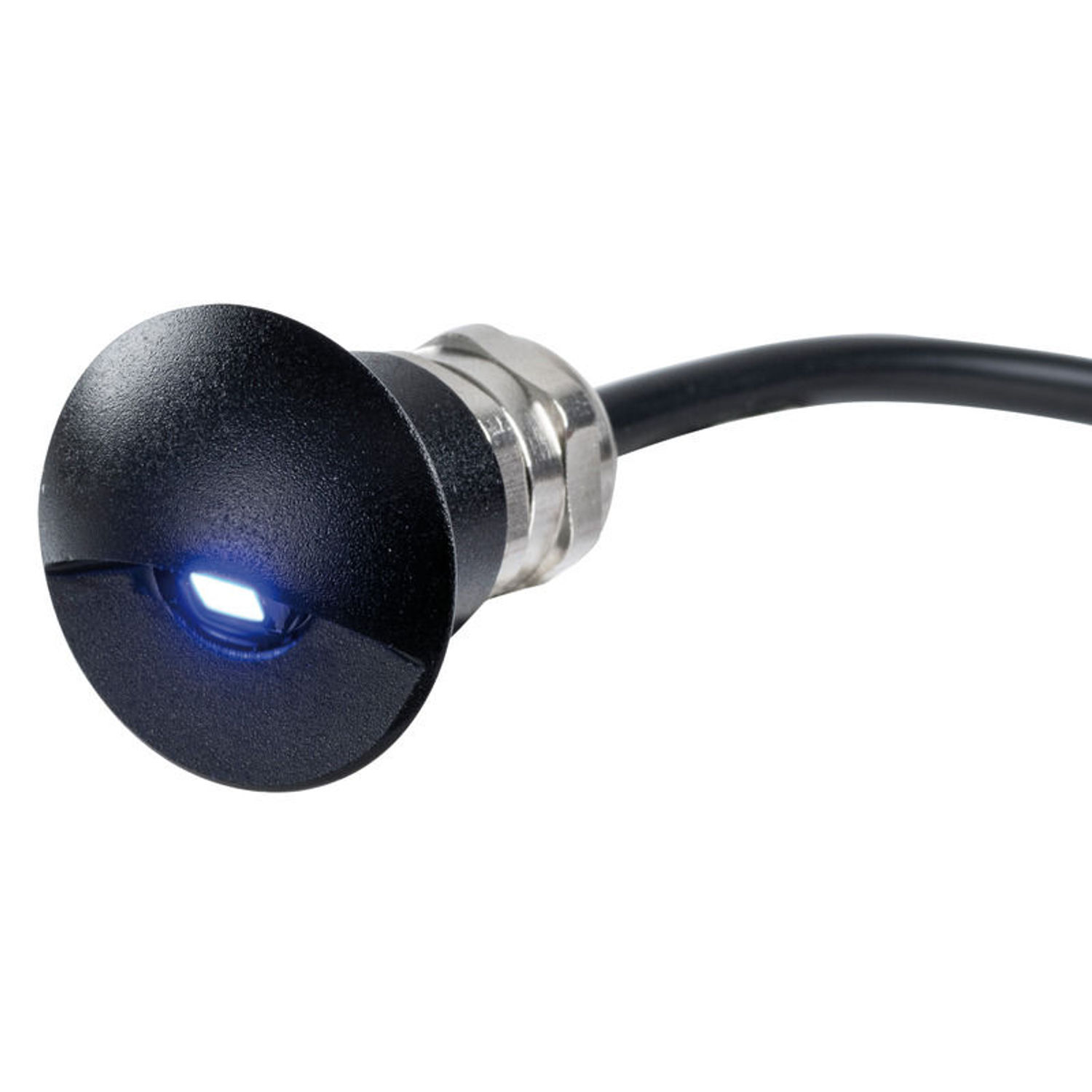 Blå LED-instegsbelysning med hus i matt svart anodiserad aluminium
