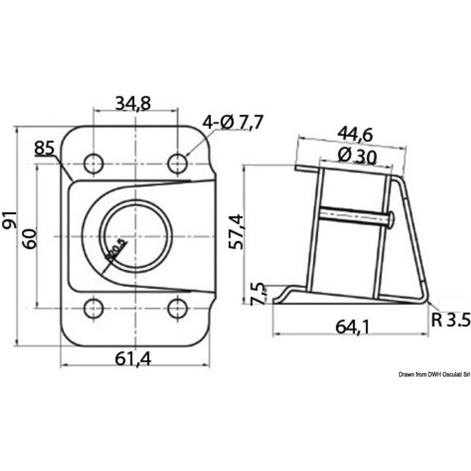 Rekkestøttefot polert SS 4° 25 mm