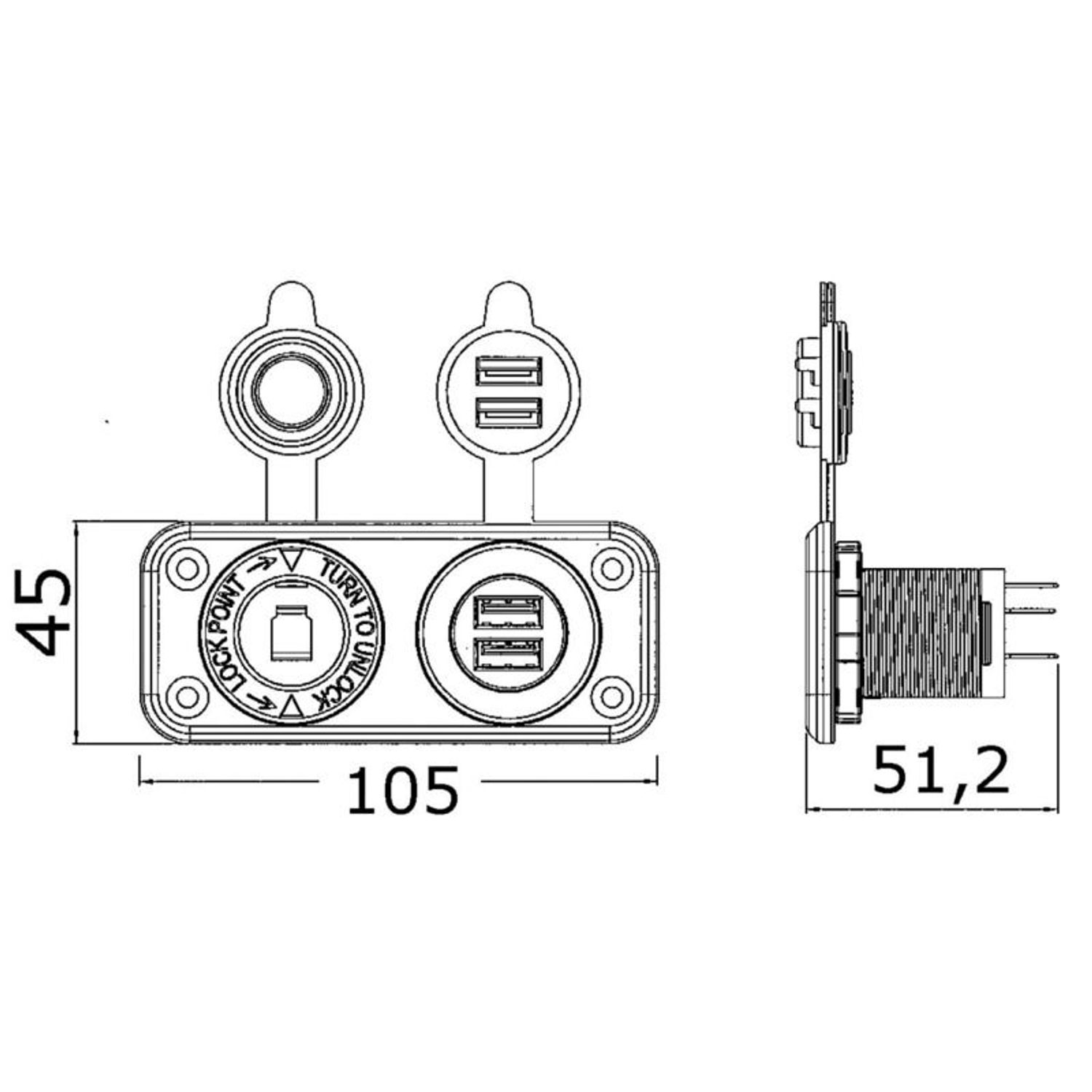Sigarettenneruttak + dobbelt USB-uttak, hvitt