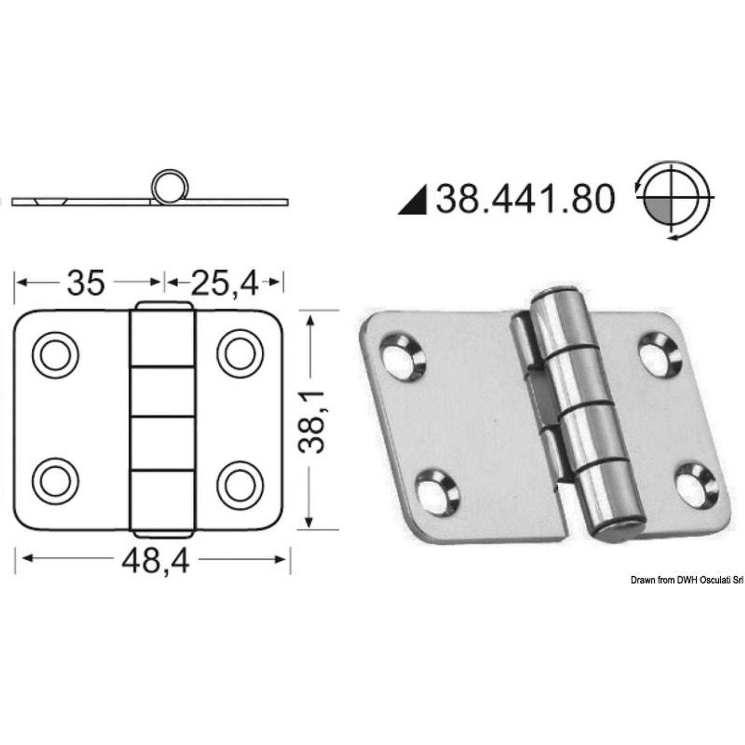 Hengsel med standardtapp 60.4x38.1 mm