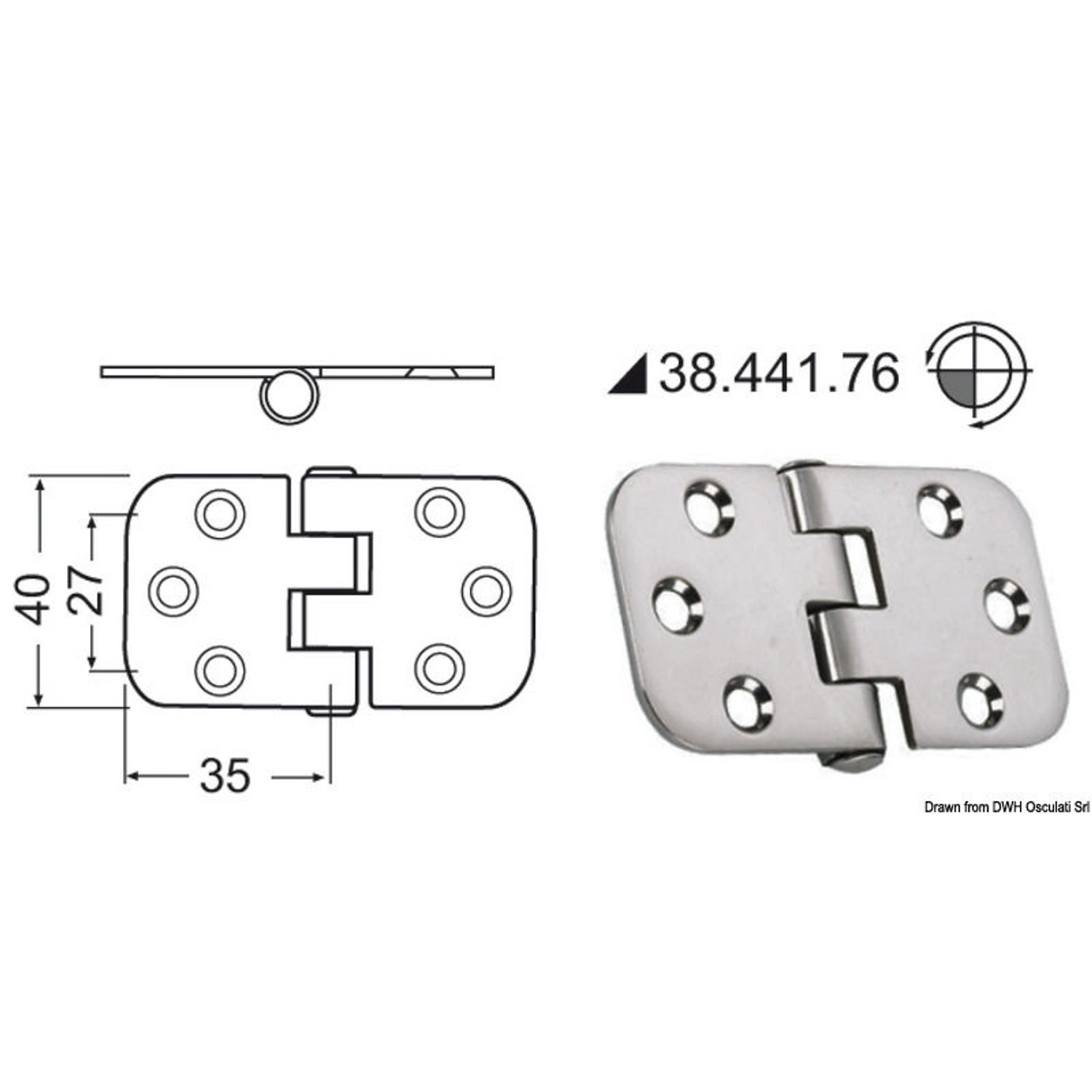 Hengsel med omvendt bolt 70 x 39 mm