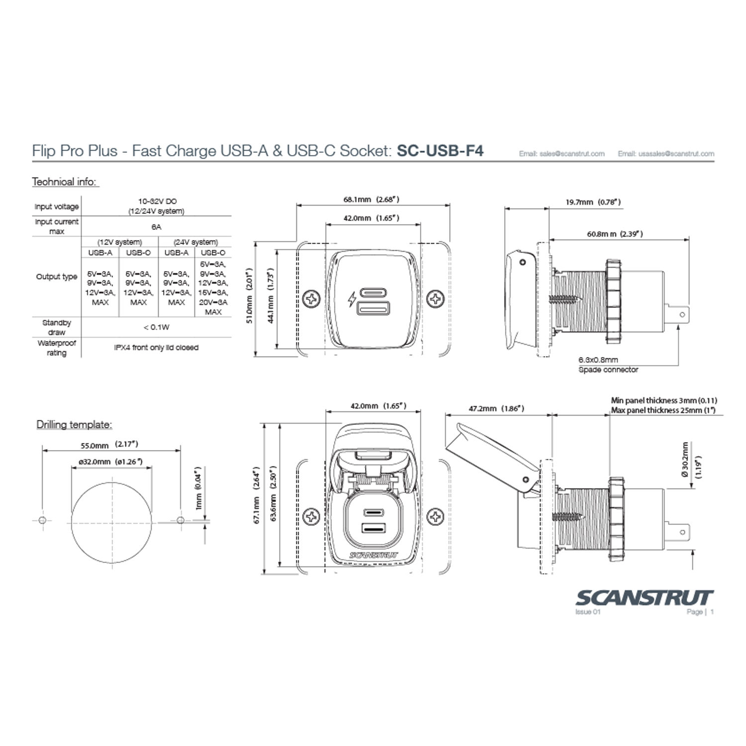 Scanstrut Flip Pro Plus kombinert USB-A- og C-lader