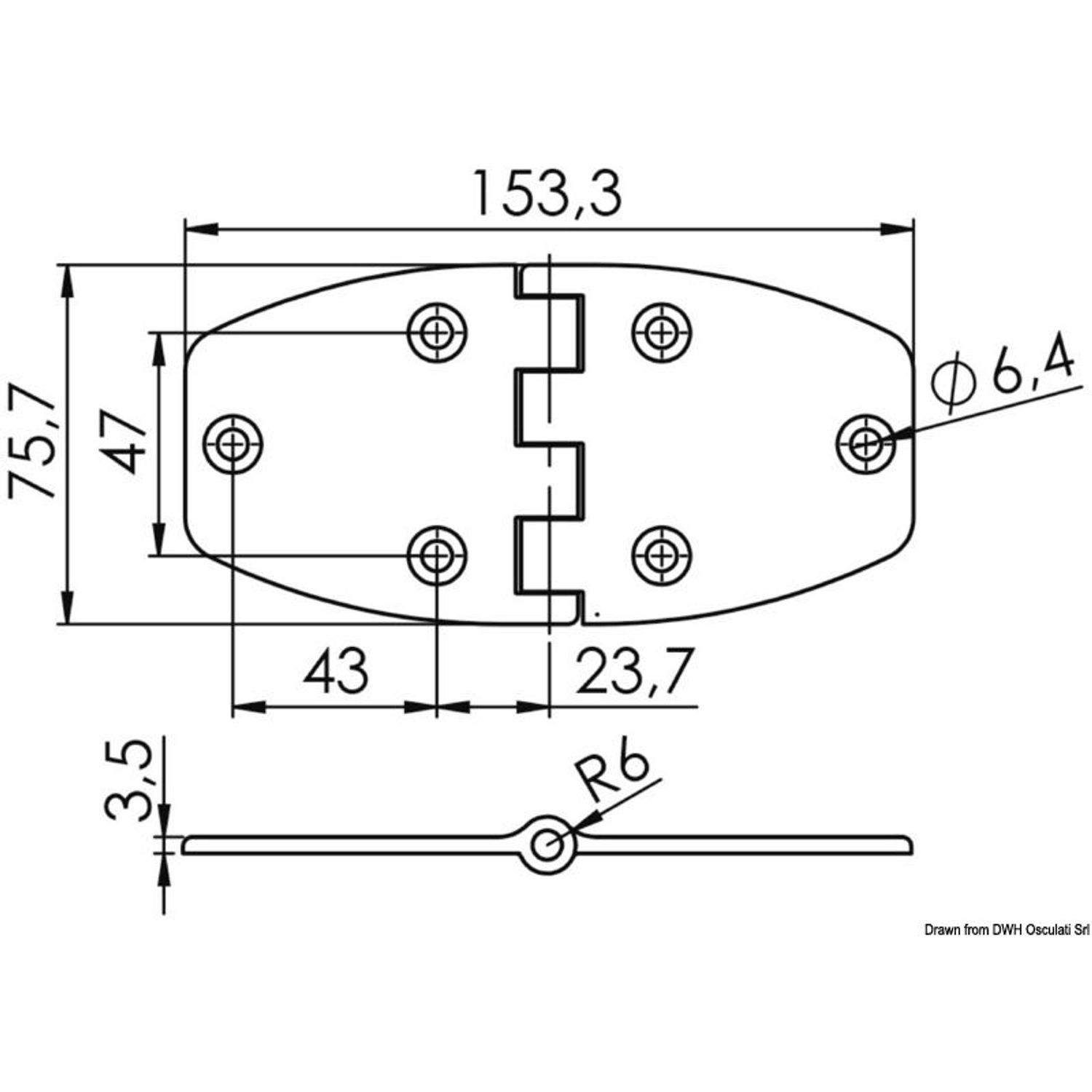 Trapetsformat AISI316 gångjärn 153x75x3.6mm