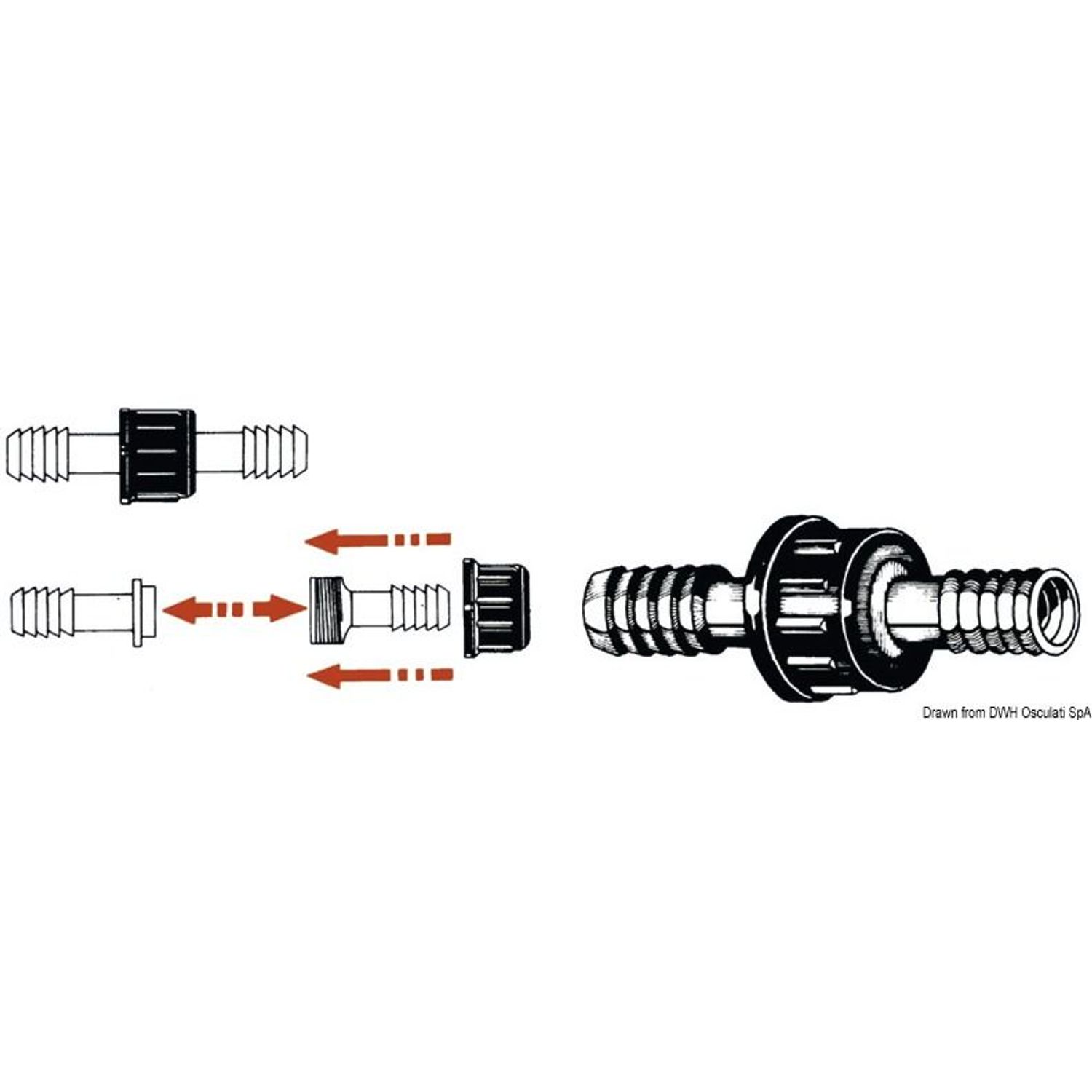 Sylinterimäinen nailon-letkuliitin 30 mm