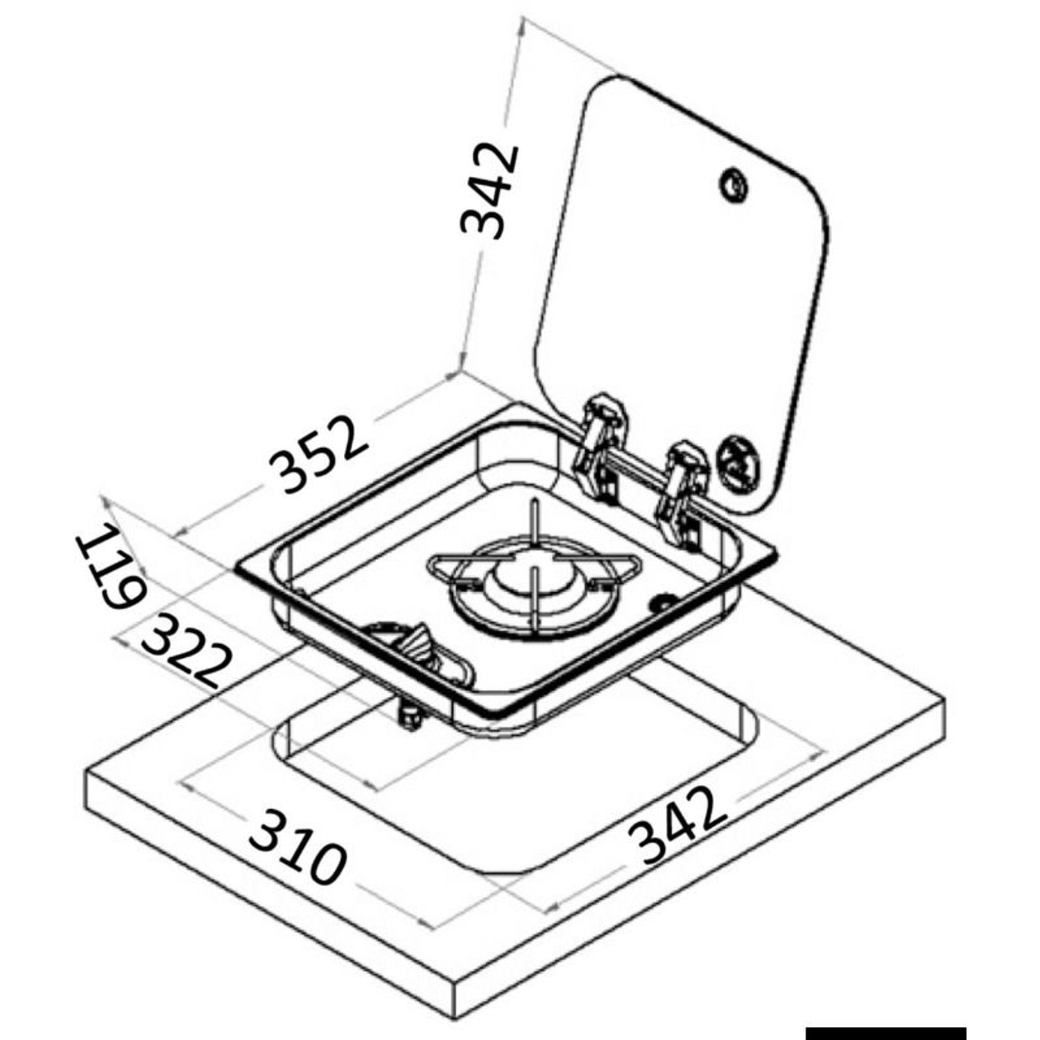 SS-kogepladeenhed med tonet glaslåg, 1 blus, indbygning 119 mm