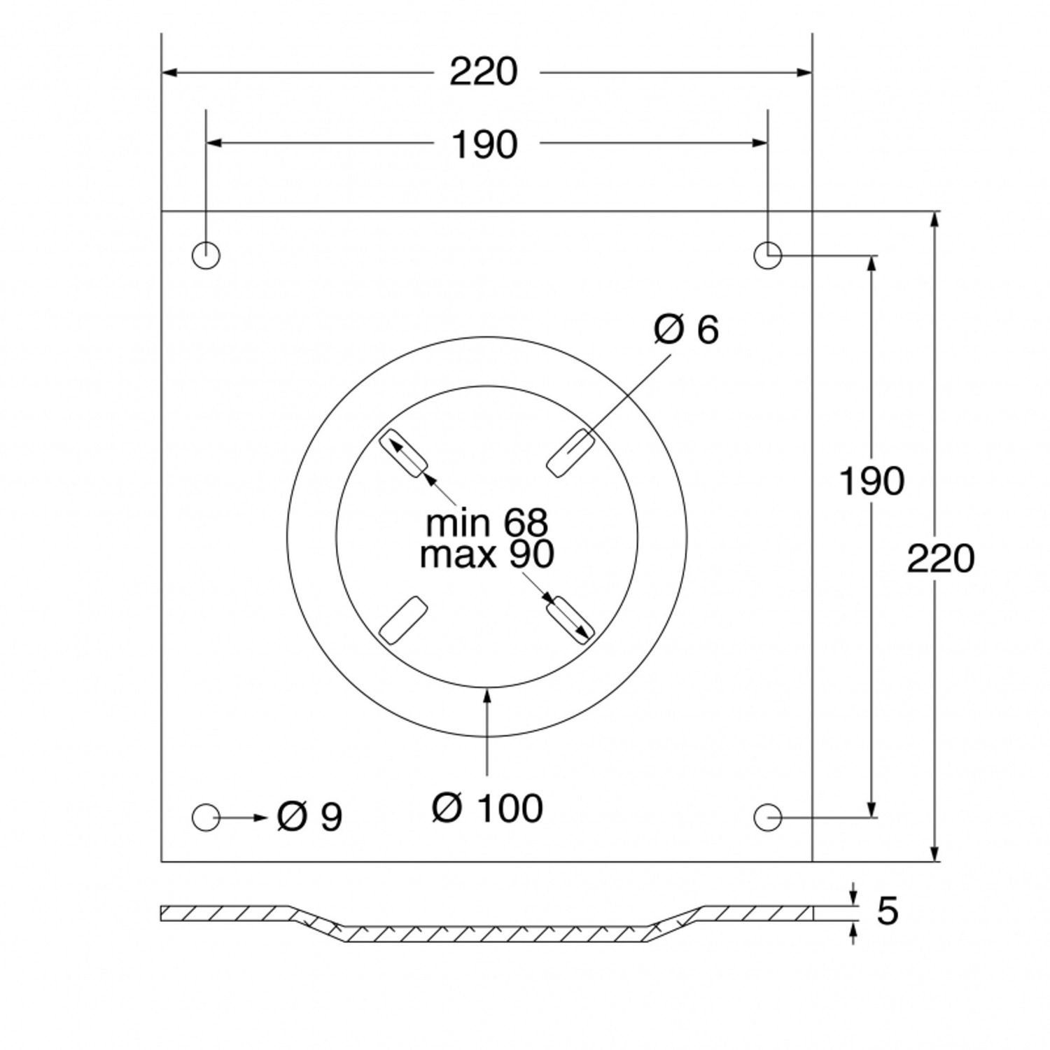 Toppmonteringsplate American 220 x 220 mm