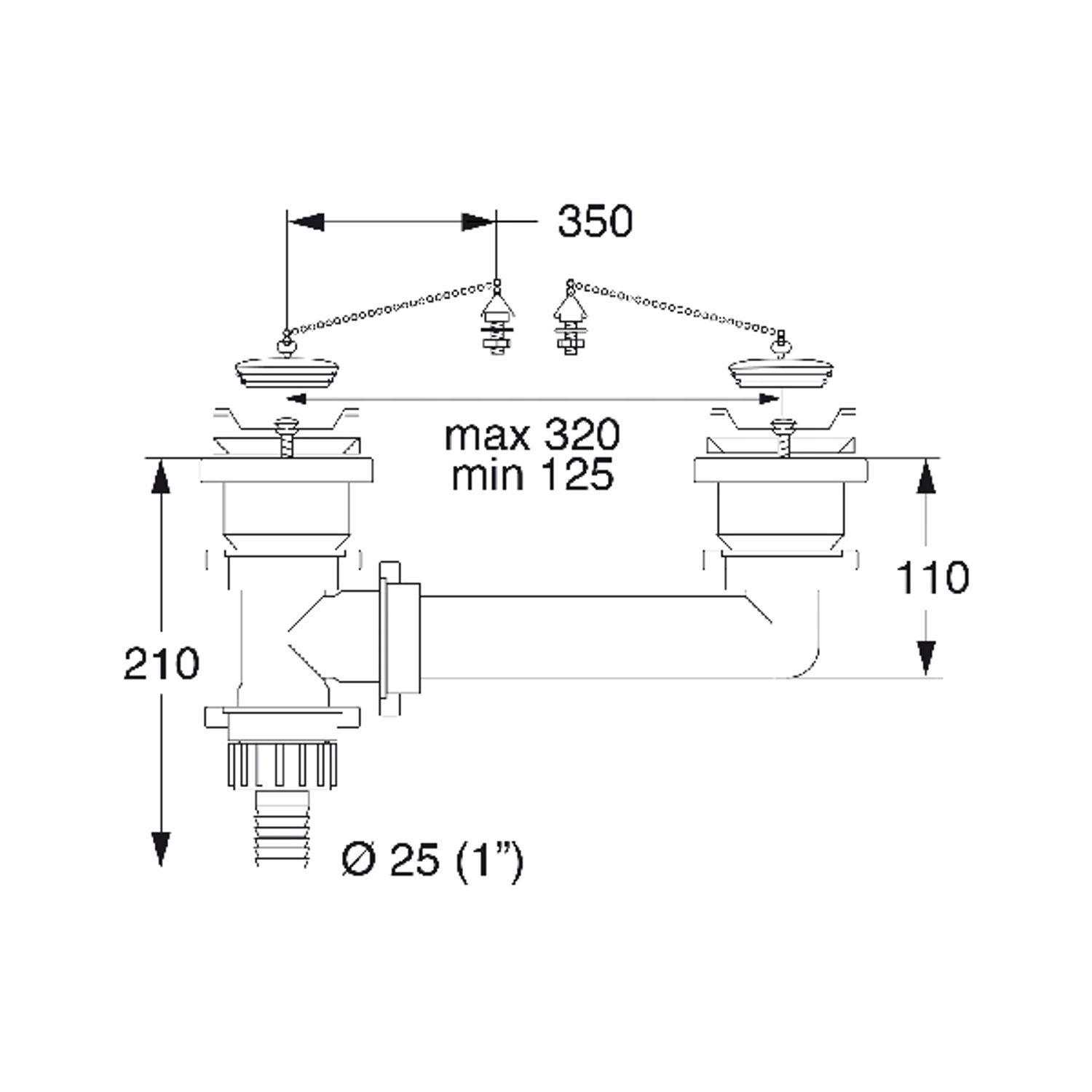 Dobbelt afløb 125 - 320 mm med Ø 25 mm studs