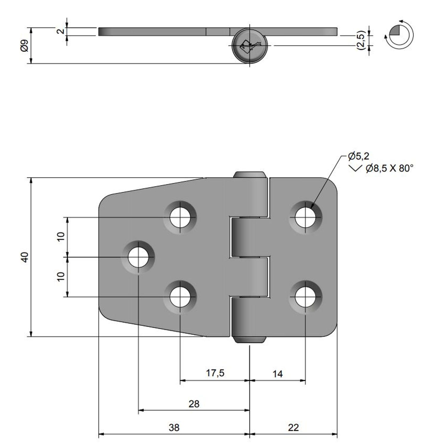 Roca Hengsel Rustfri Reversert, 59x40mm