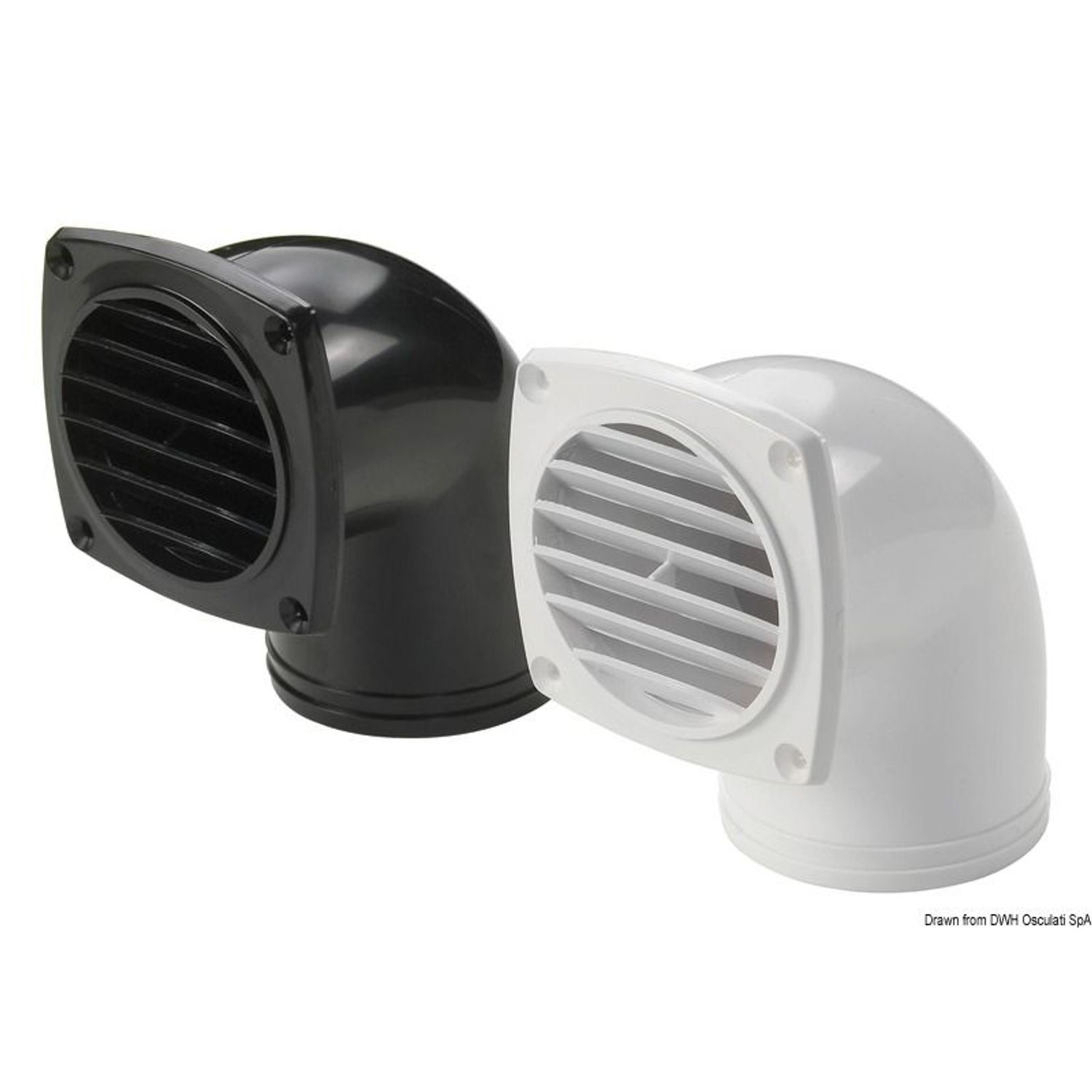 ABS ventilationsudtag med slangetilslutning og krave, sort, 90°, 92 x 92 mm