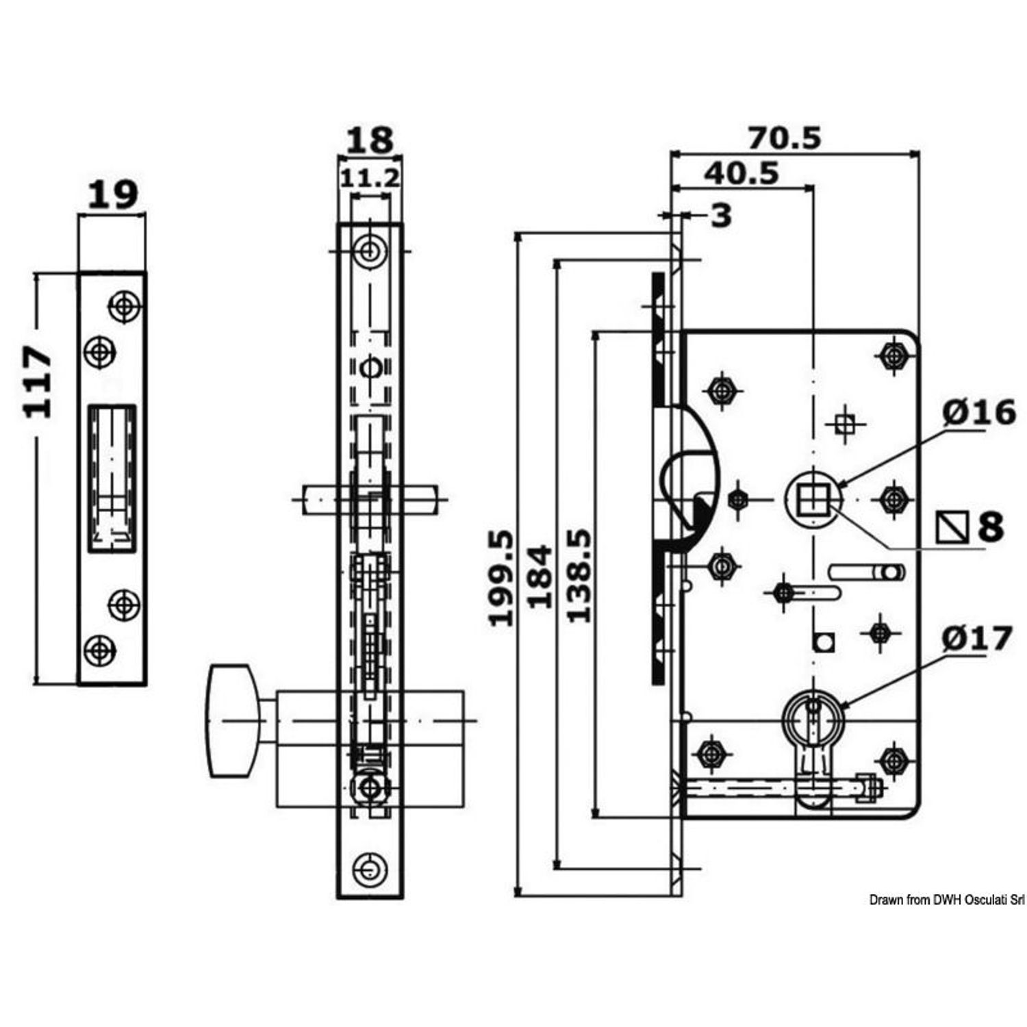 Yale-type utvendig lås 16/38 mm med plant hakebeslag