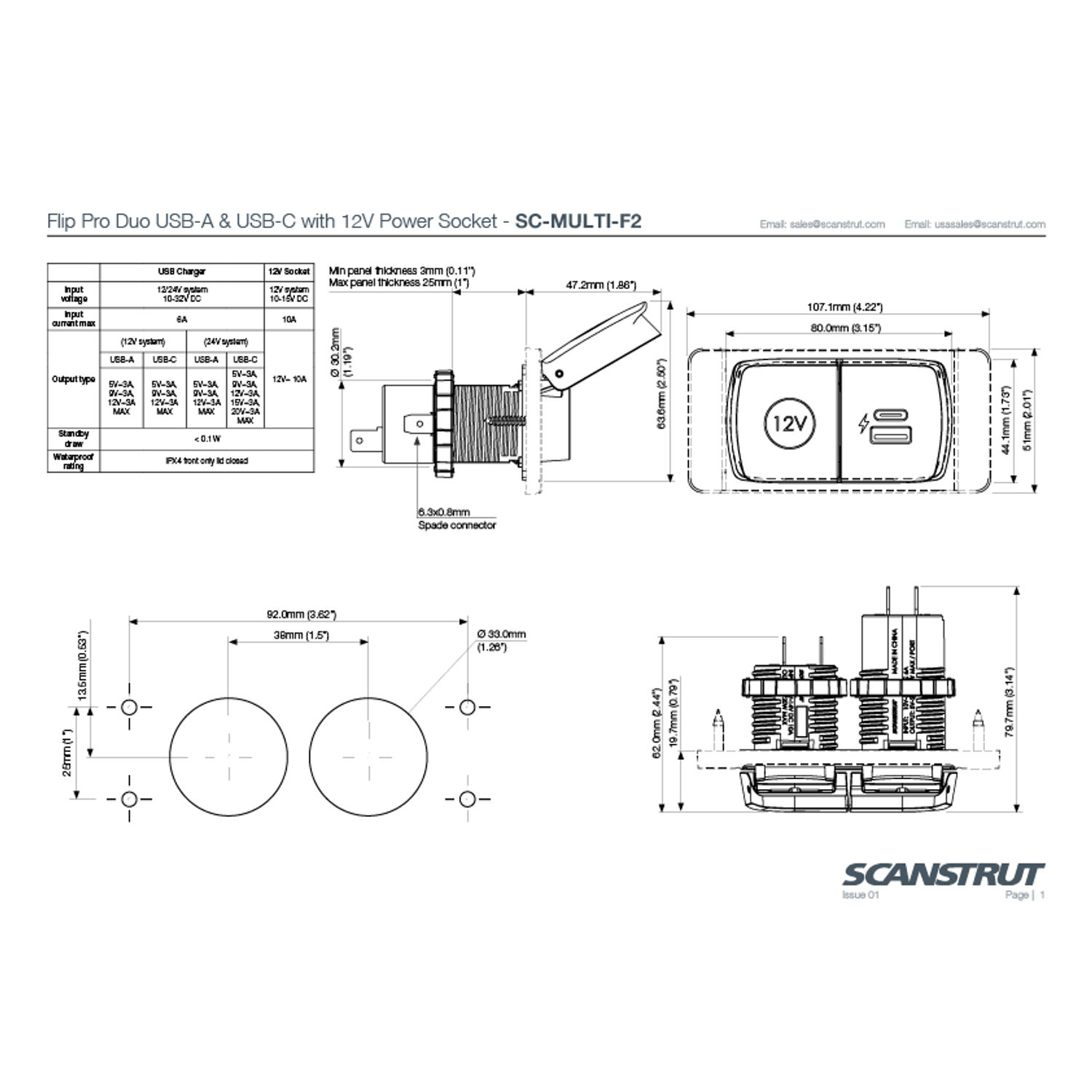 Scanstrut Flip Pro Duo USB-A / USB-C & 12V pistorasia