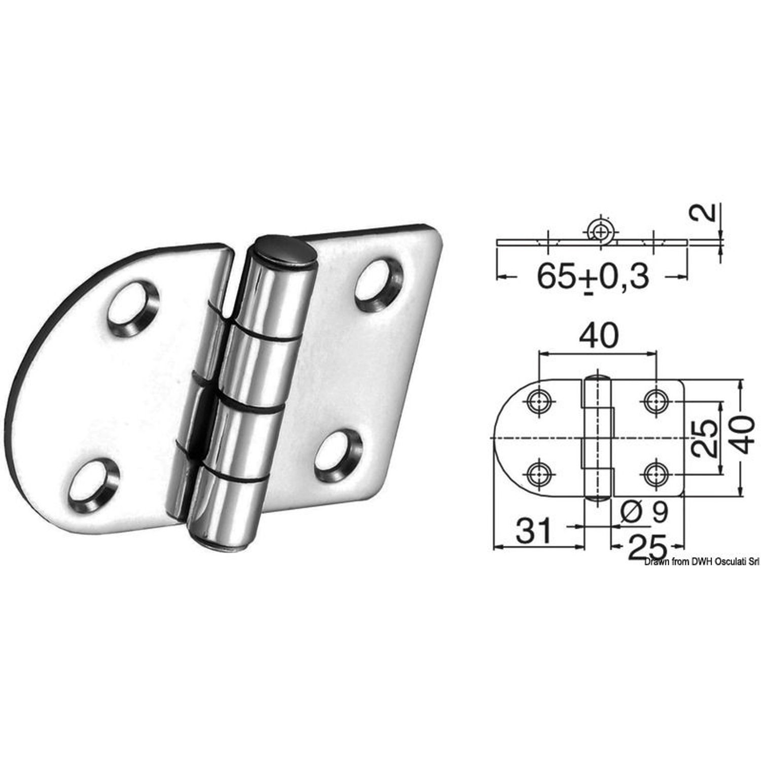 Hængsel med standardtap 65x40 mm