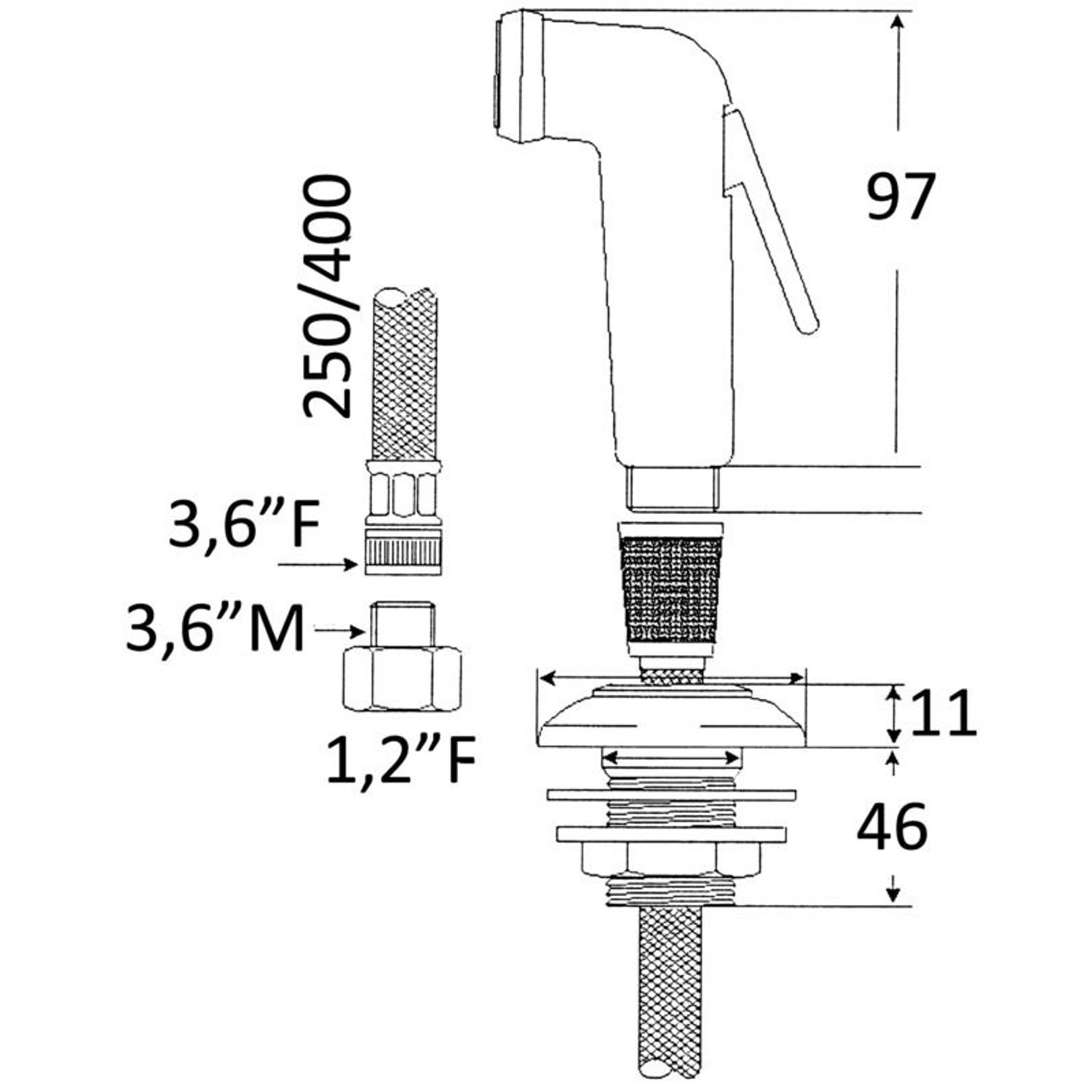 Utility hånddusj med PVC-slange 2.5 m, dekkfeste