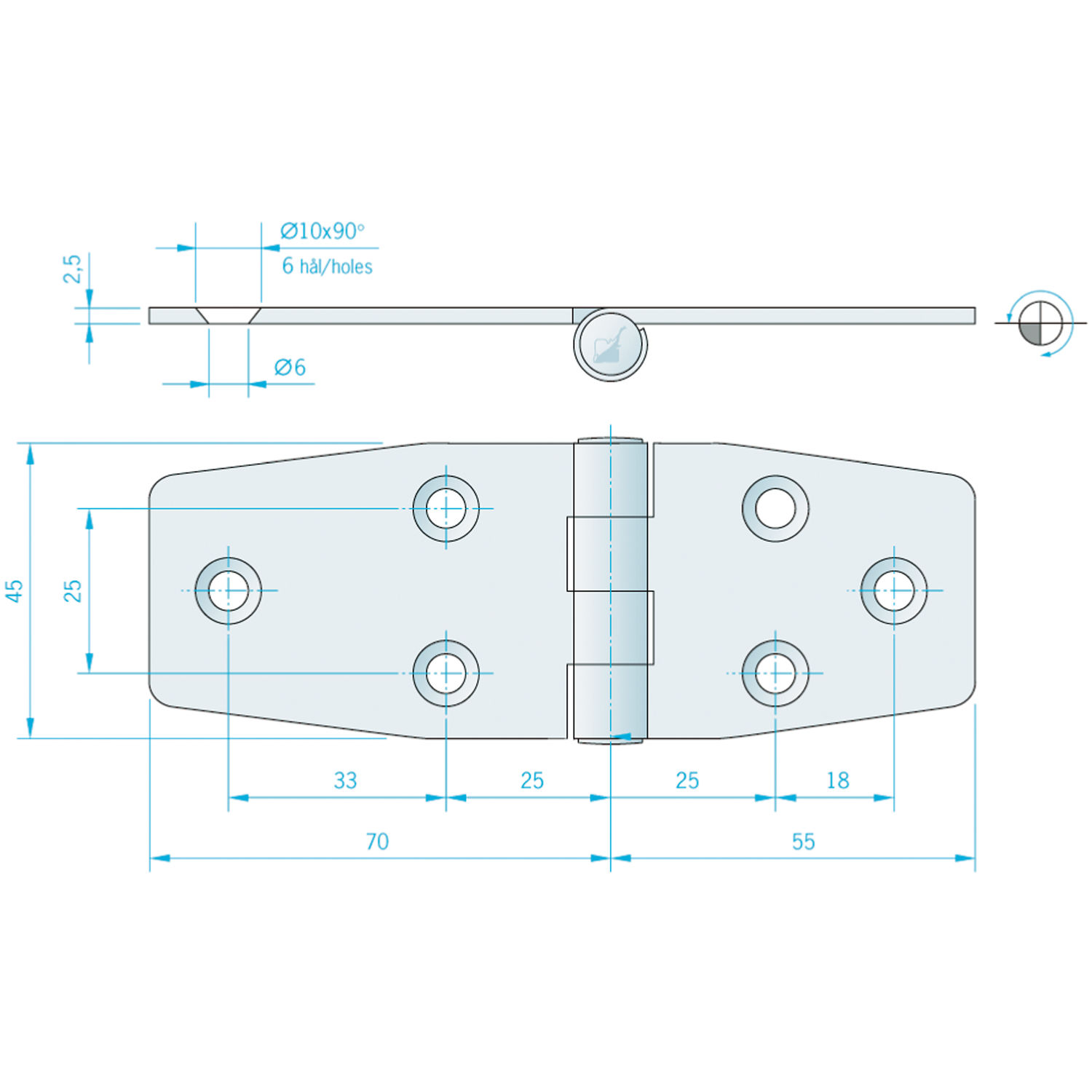 Hengsel 125 x 45 mm reversert