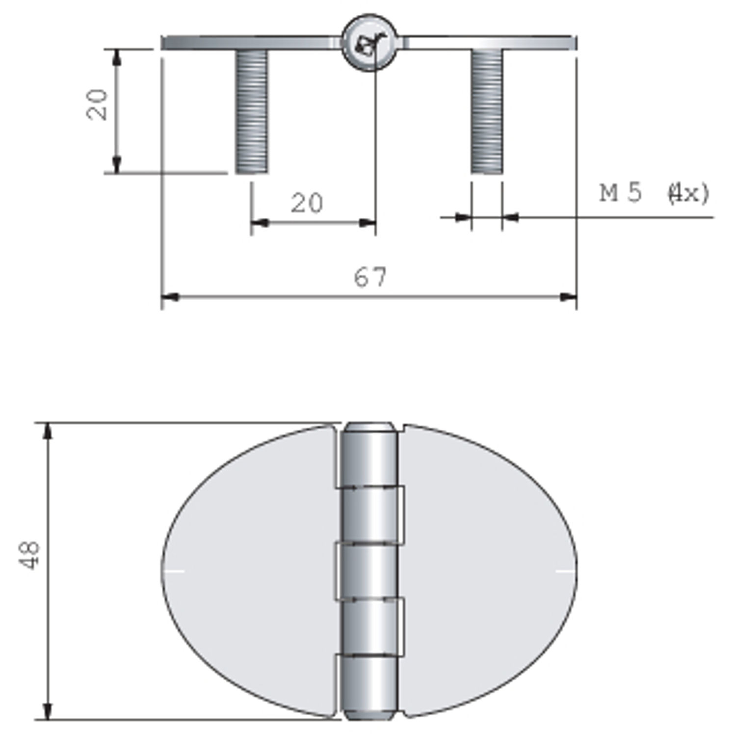 Hengsel oval 67 x 48 mm med fast skrue