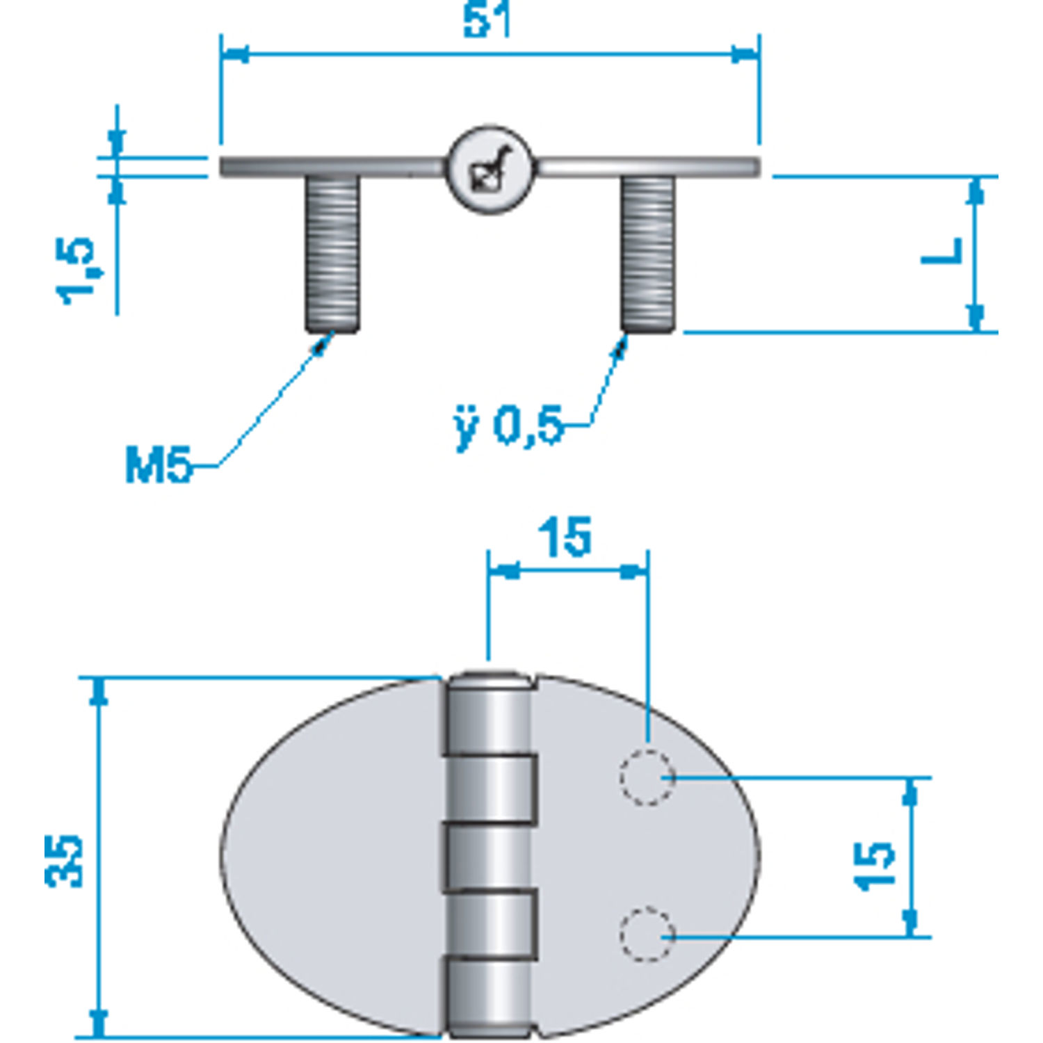 Hengsel 51 x 35 x 15 mm med fast skrue