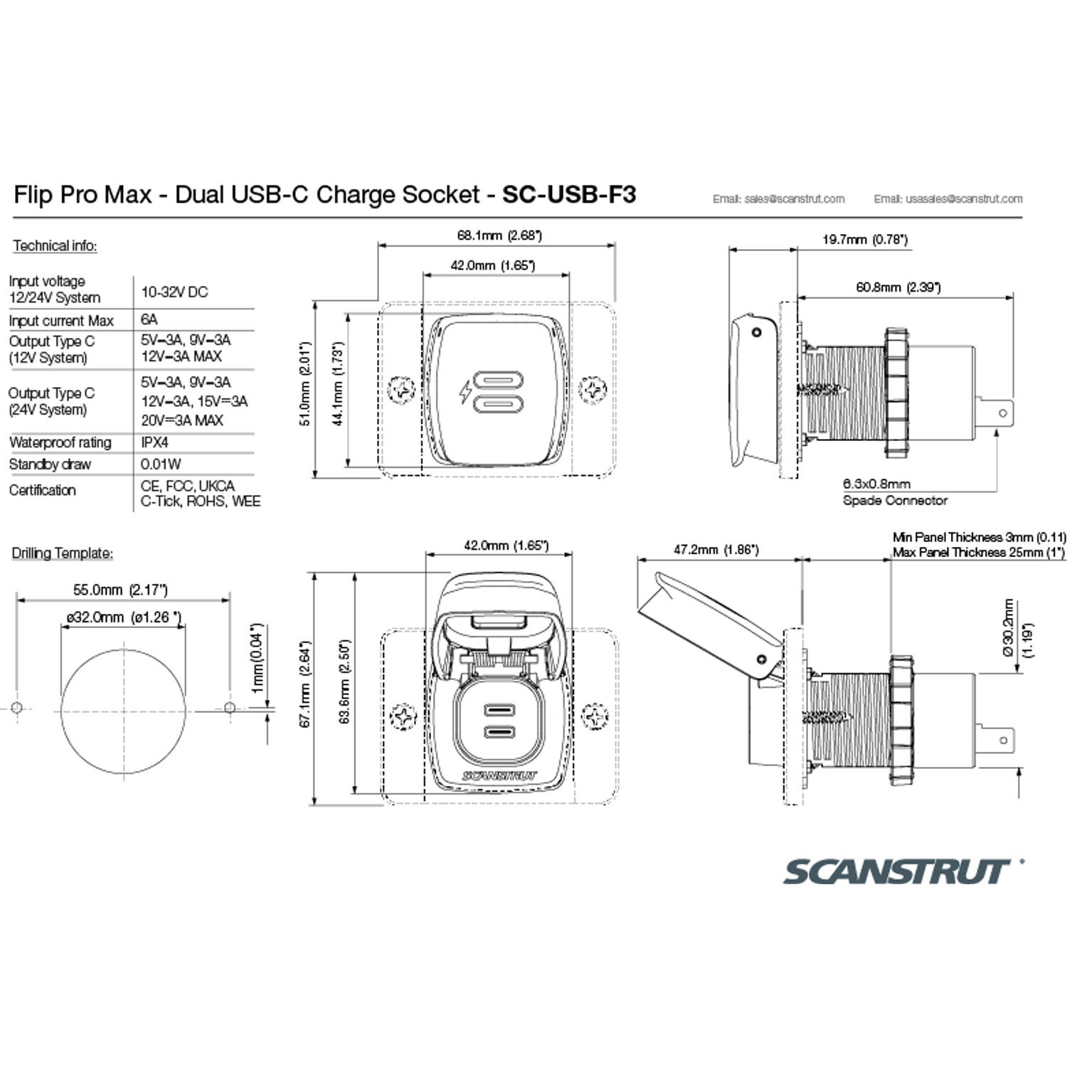 Scanstrut Flip Pro Max dobbelt USB-C-oplader