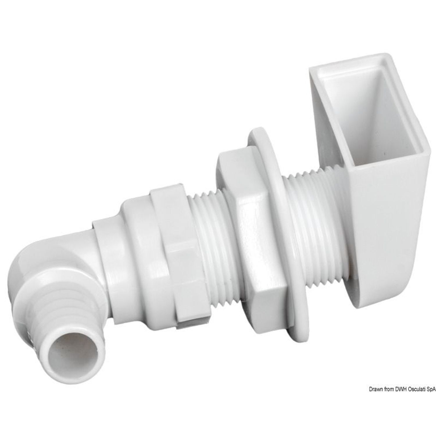 Hvid skroggennemføring i plast 90° 1" x 19 mm