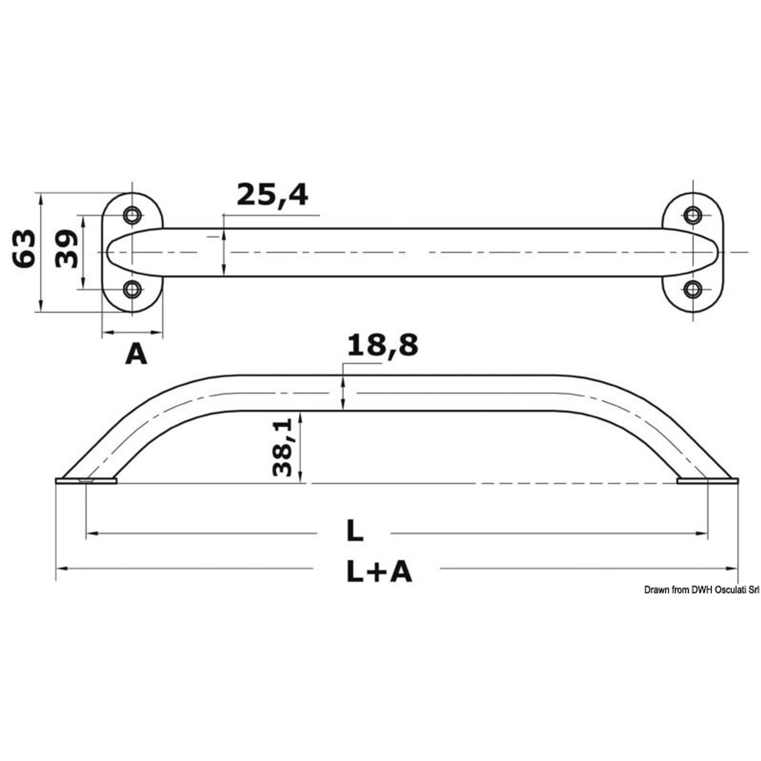 Ovalt rörhandräcke AISI316 19x25 mm 450 mm