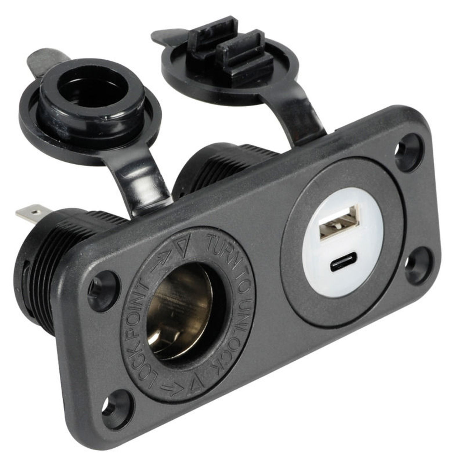 Tupakansytytinpistorasia + USB-A + USB-C musta