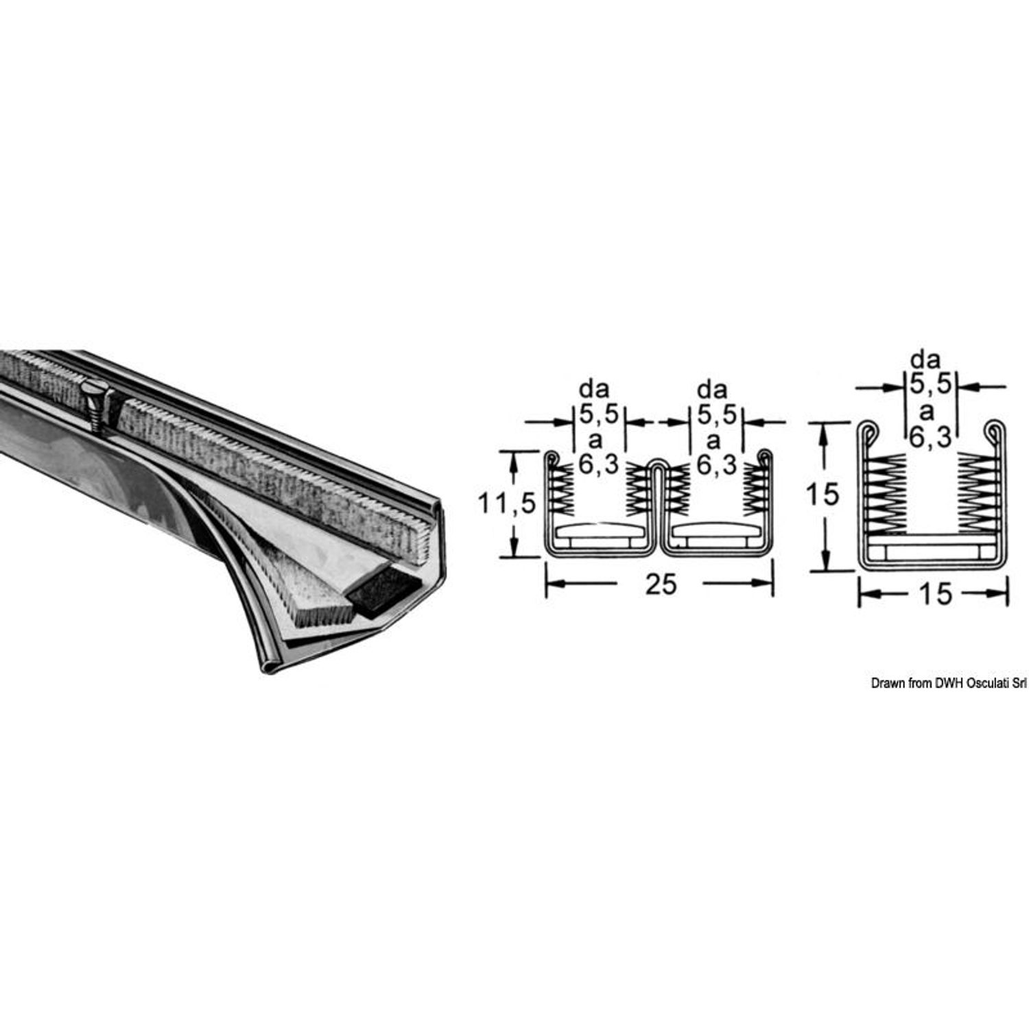 Vesitiivis lasiruudun profiili AISI316 yksittäinen 15x15 mm
