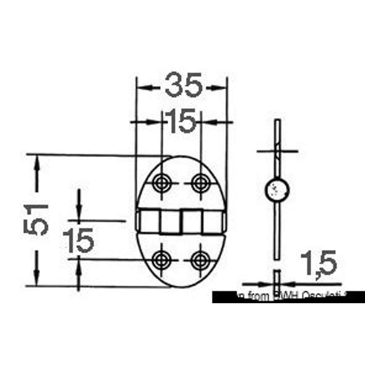 Soikea sarana 35x51 mm tappikiinnitys 1.5 mm