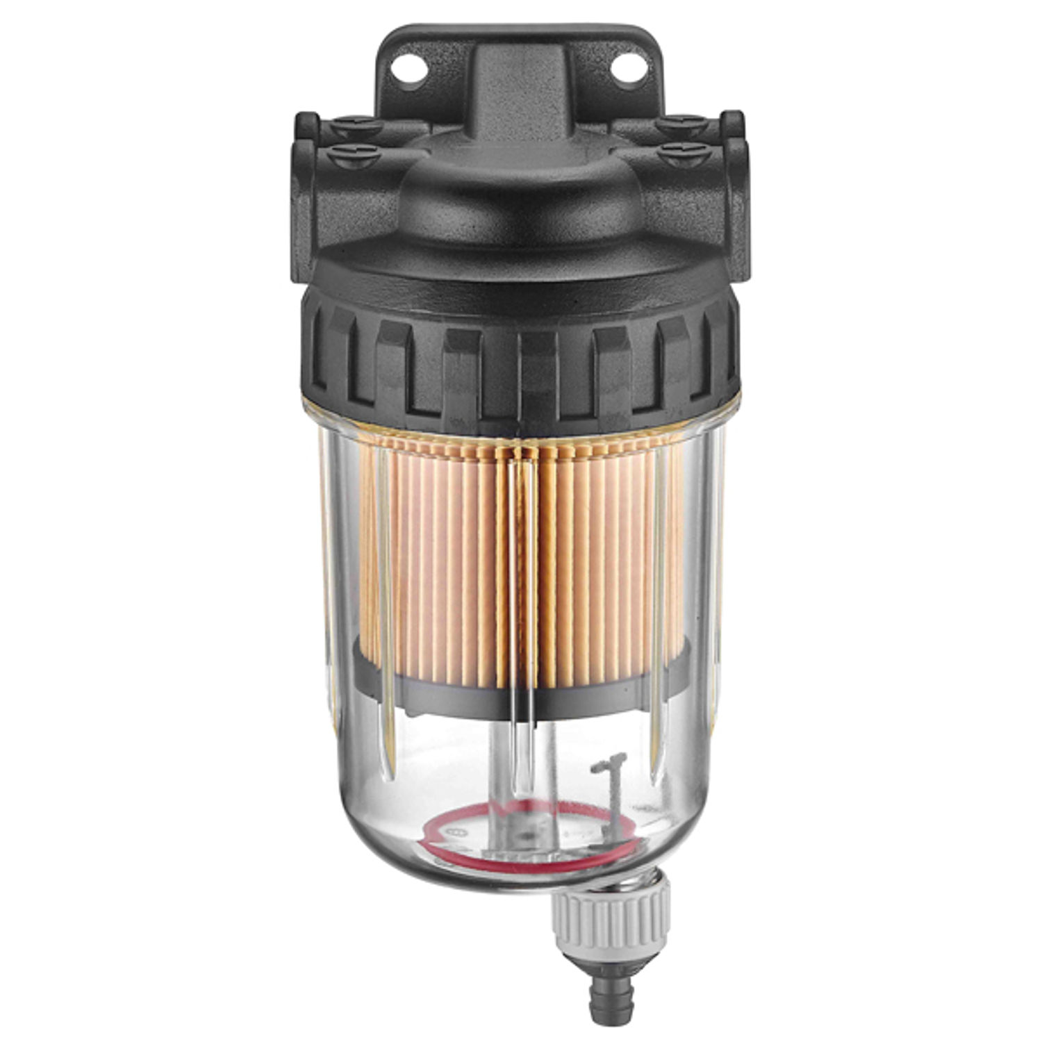 Drivstoffilter 10 mikron, svart aluminiumstopp, klar til avtapping.