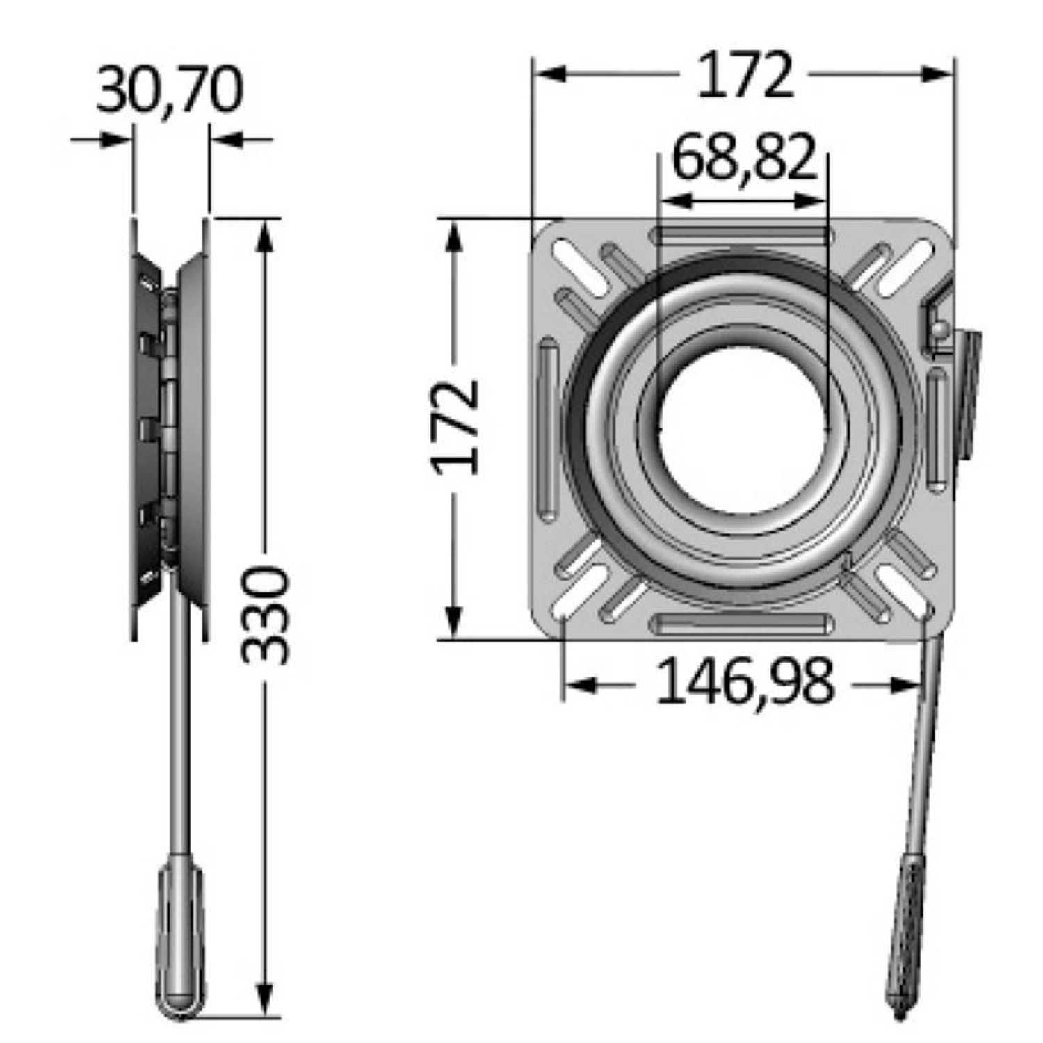 SS drejesokkel med styring + snaplås 172x172 mm