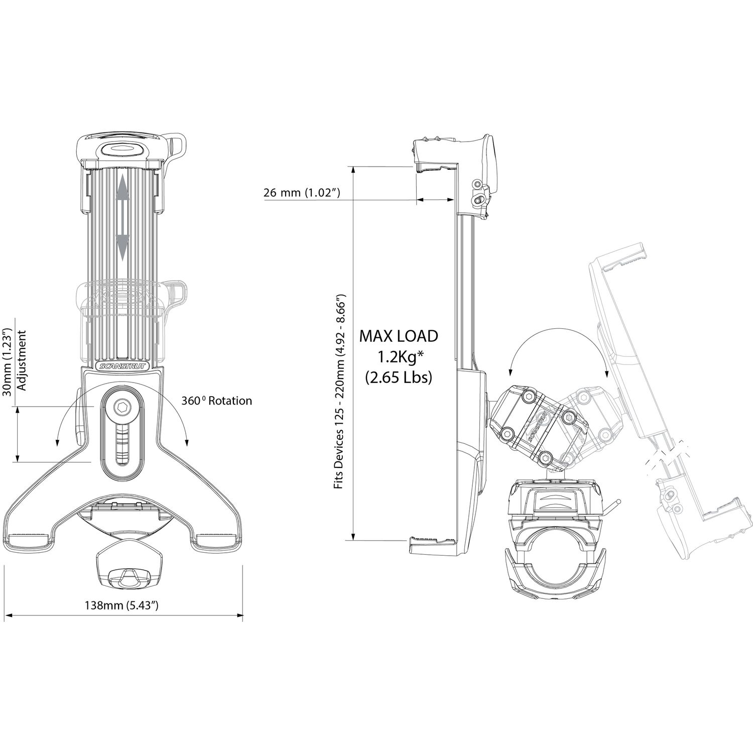 Scanstrut nettbrettholder ROKK Mini Kit rør/skinne