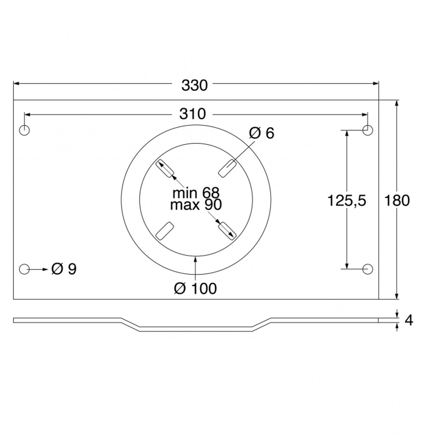 Toppmonteringsplate 330 x 180 mm