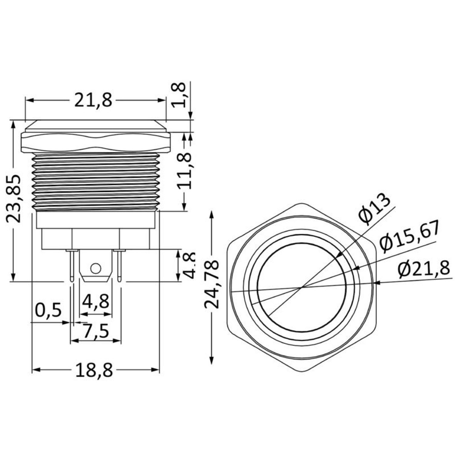 FLAT S.S.-bryter ON-OFF 12/24 V blå LED