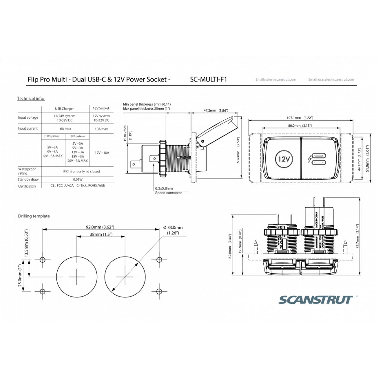 Scanstrut Flip Pro Multi Double USB-C & 12V pistorasia