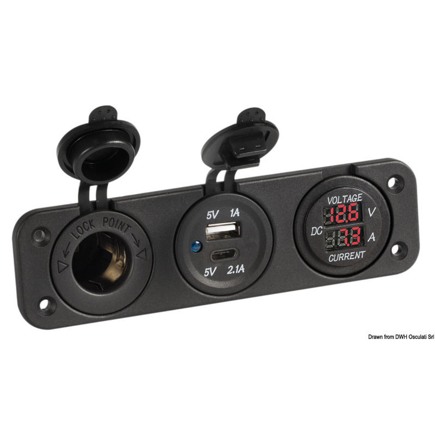 Digitalt voltmeter og amperemeter 12V USB-A + USB-C