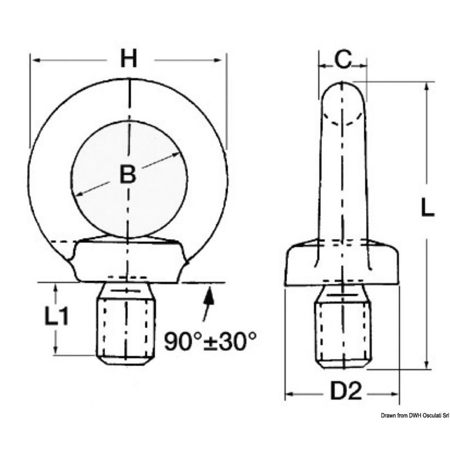 Smidd öglebult med utvändig gänga AISI316 6 mm