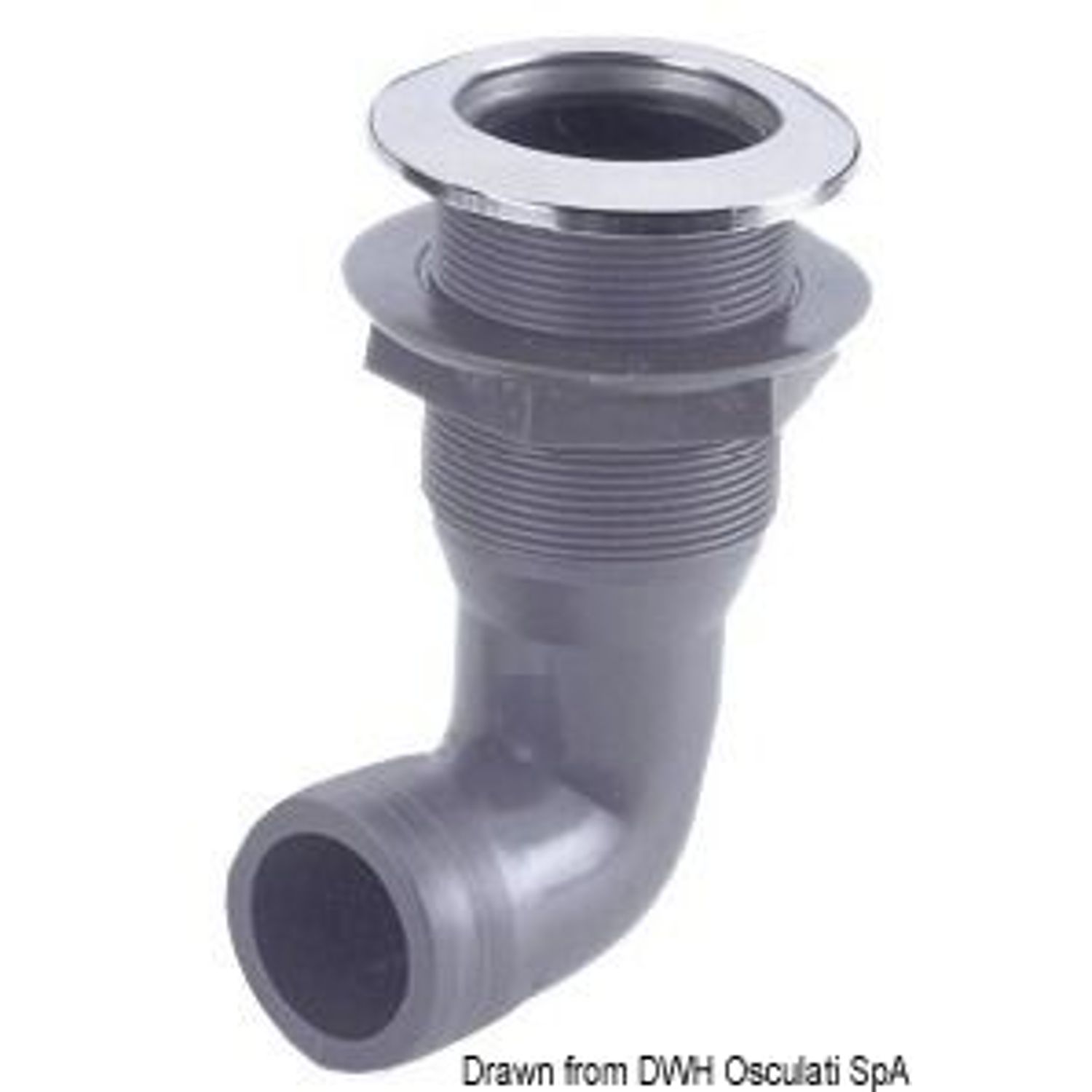 Nyloninen läpivienti 1" 25 mm ruostumattomasta teräksestä valmistetulla etulaipalla, 90° letkuliitäntä