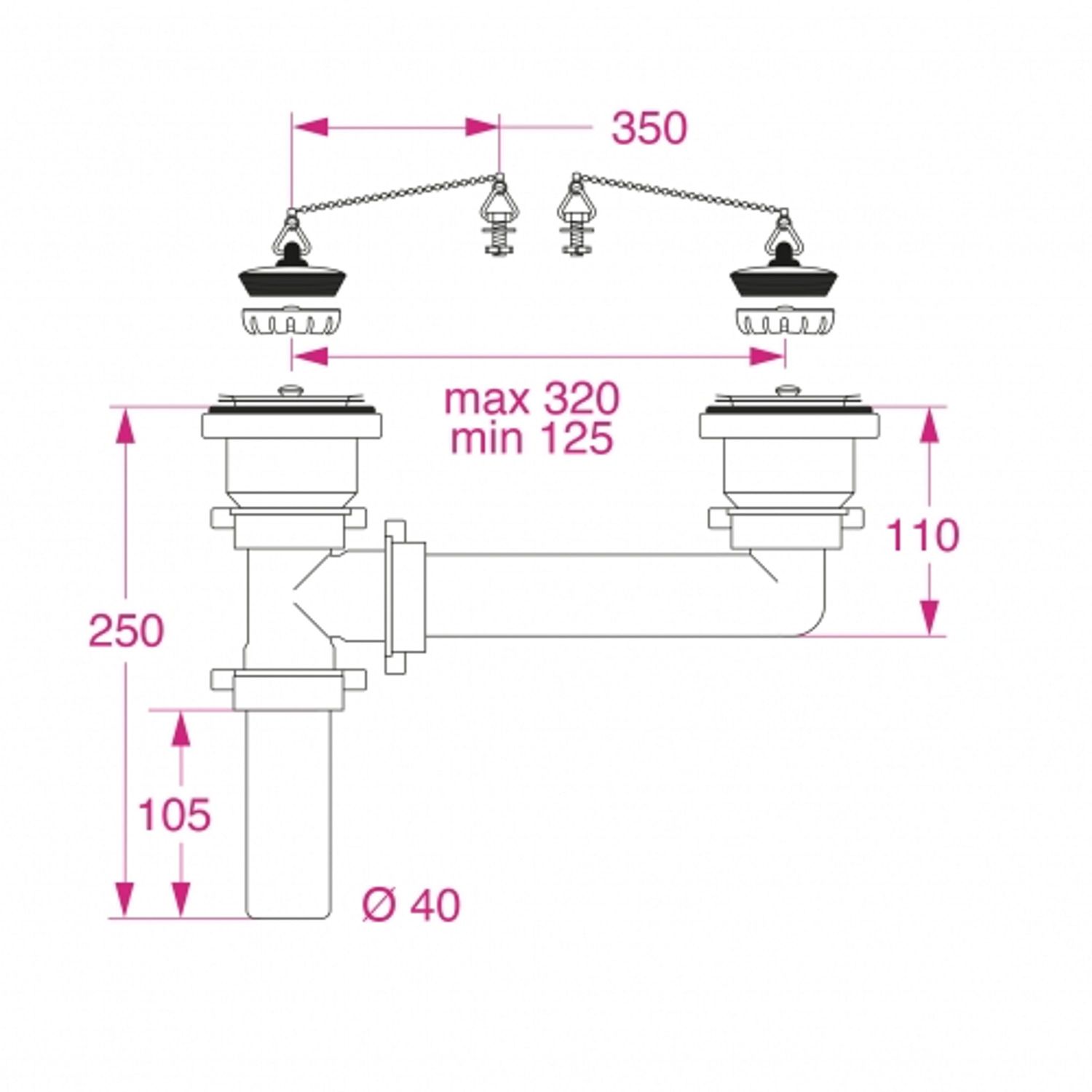 Dobbelt afløb 125 - 320 mm med Ø 25 mm studs