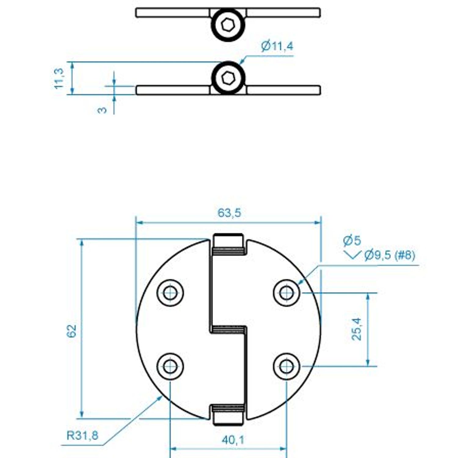 Hengsel Rund Friksjonsdemping 62 x 64 mm