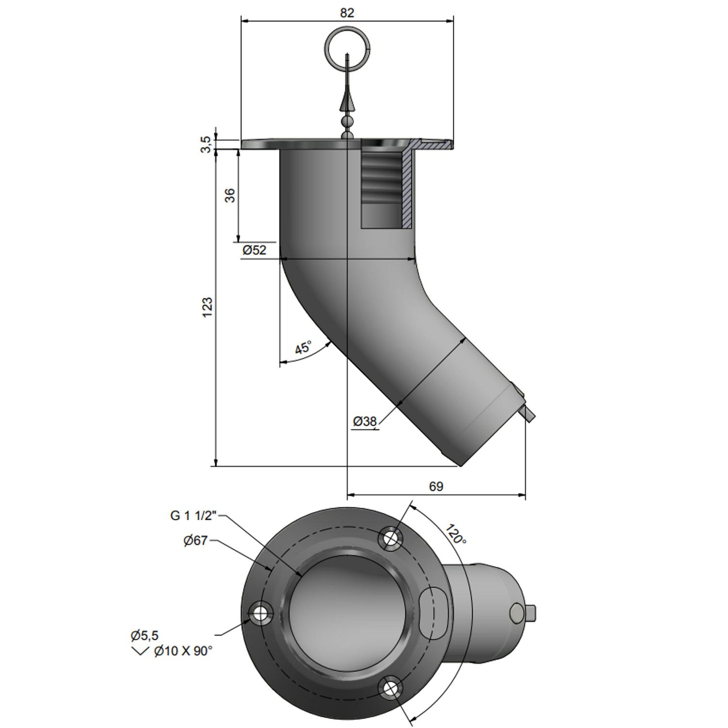 Roca Däcksförskruvning Rostfri 45° ø38 mm