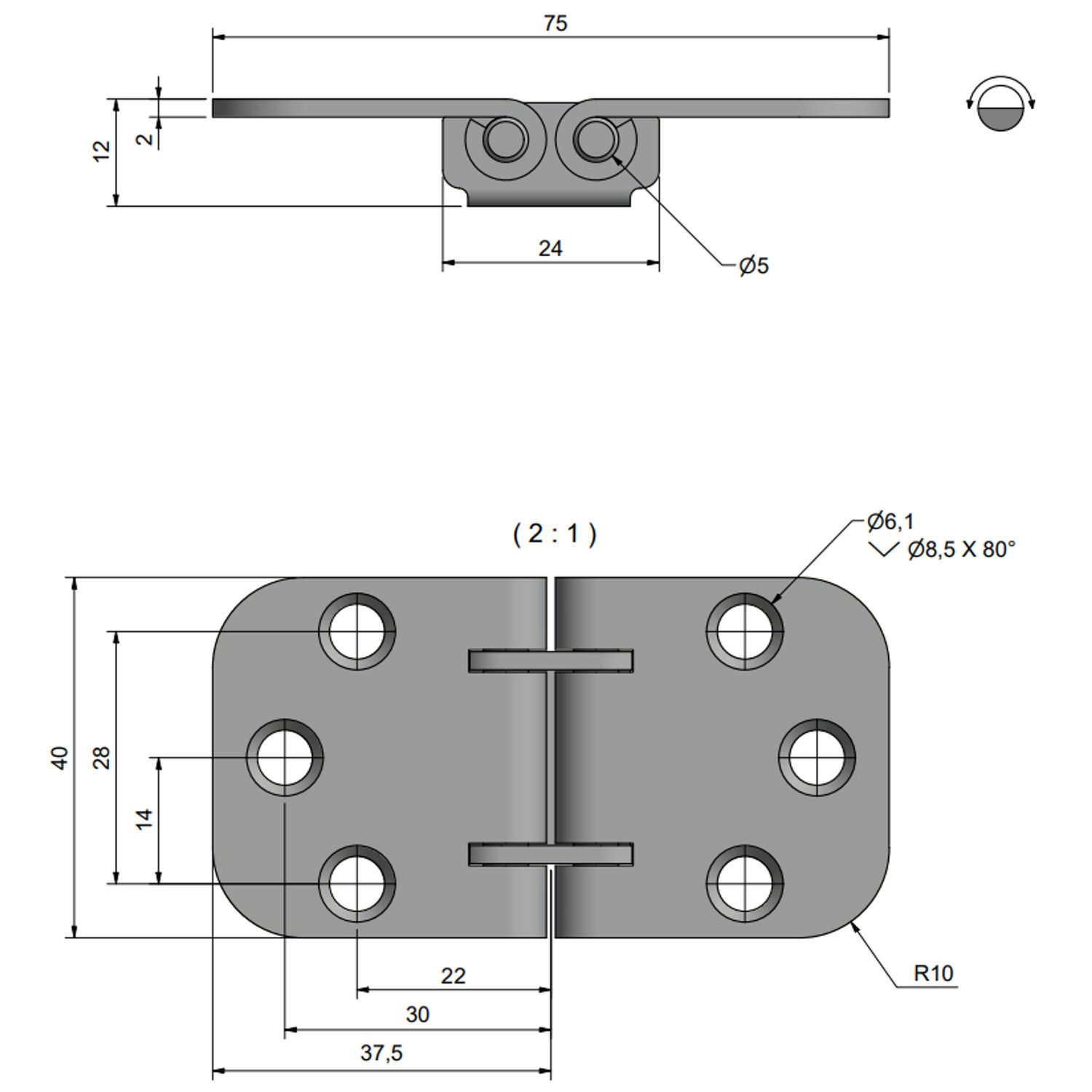 Lugehængsel , 75x40 mm 180°